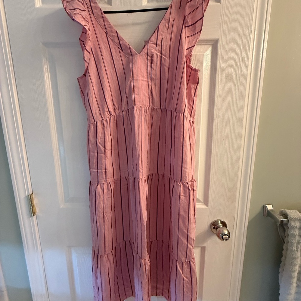 LOFT Pink Striped Midi Dress